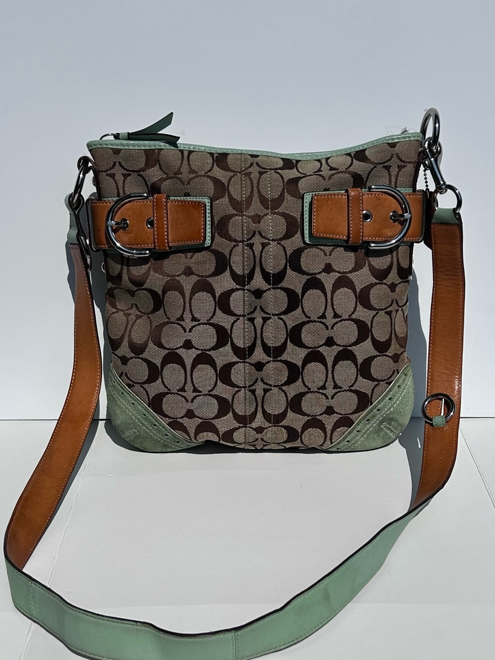 VTG Coach Soho Signature Slim Duffle Shoulder Bag Canvas Leather Sage Green Y2K